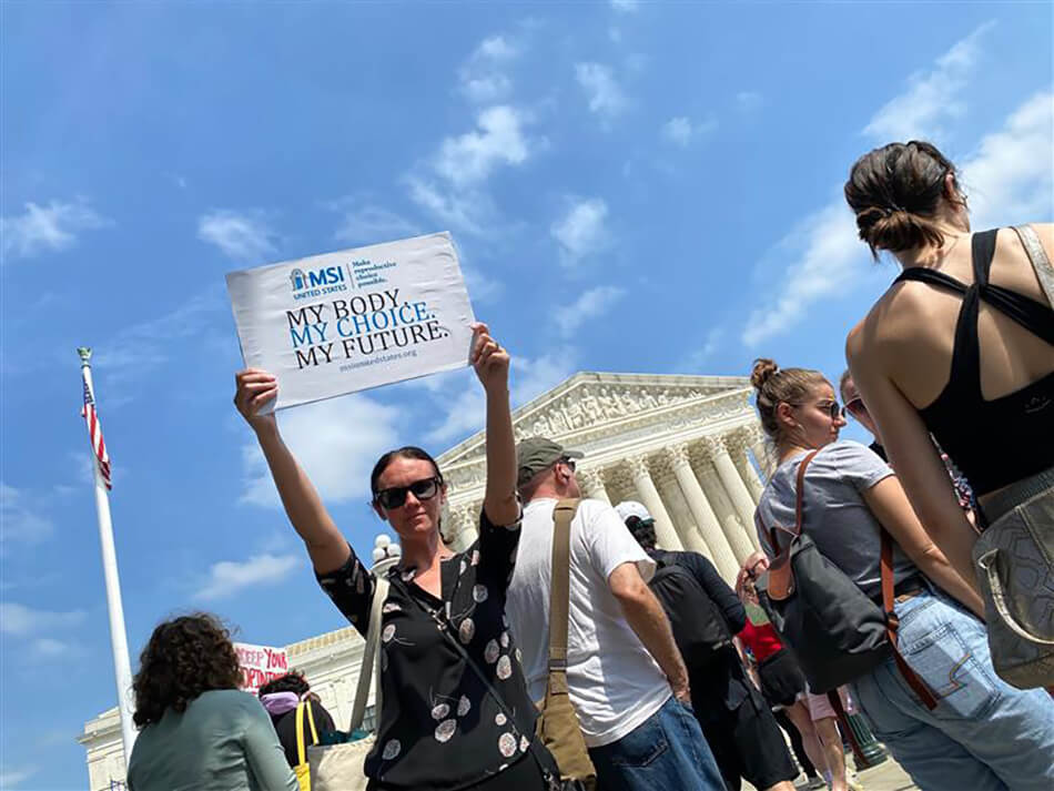 Protestors gather outside the Supreme Court in support of abortion access.